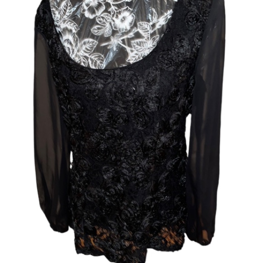 Marina large black lace long sleeve dressy top scoop neck full back zip